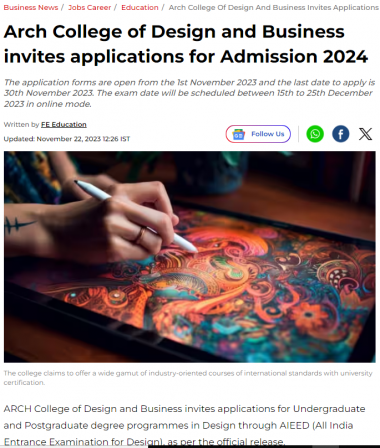 Financial Express : Arch College of Design and Business invites applications for Admission 2024