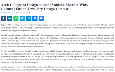 Skilloutlook - ARCH Student Vanisha Sharma Wins Cultural Fusion Jewellery Design Contest 